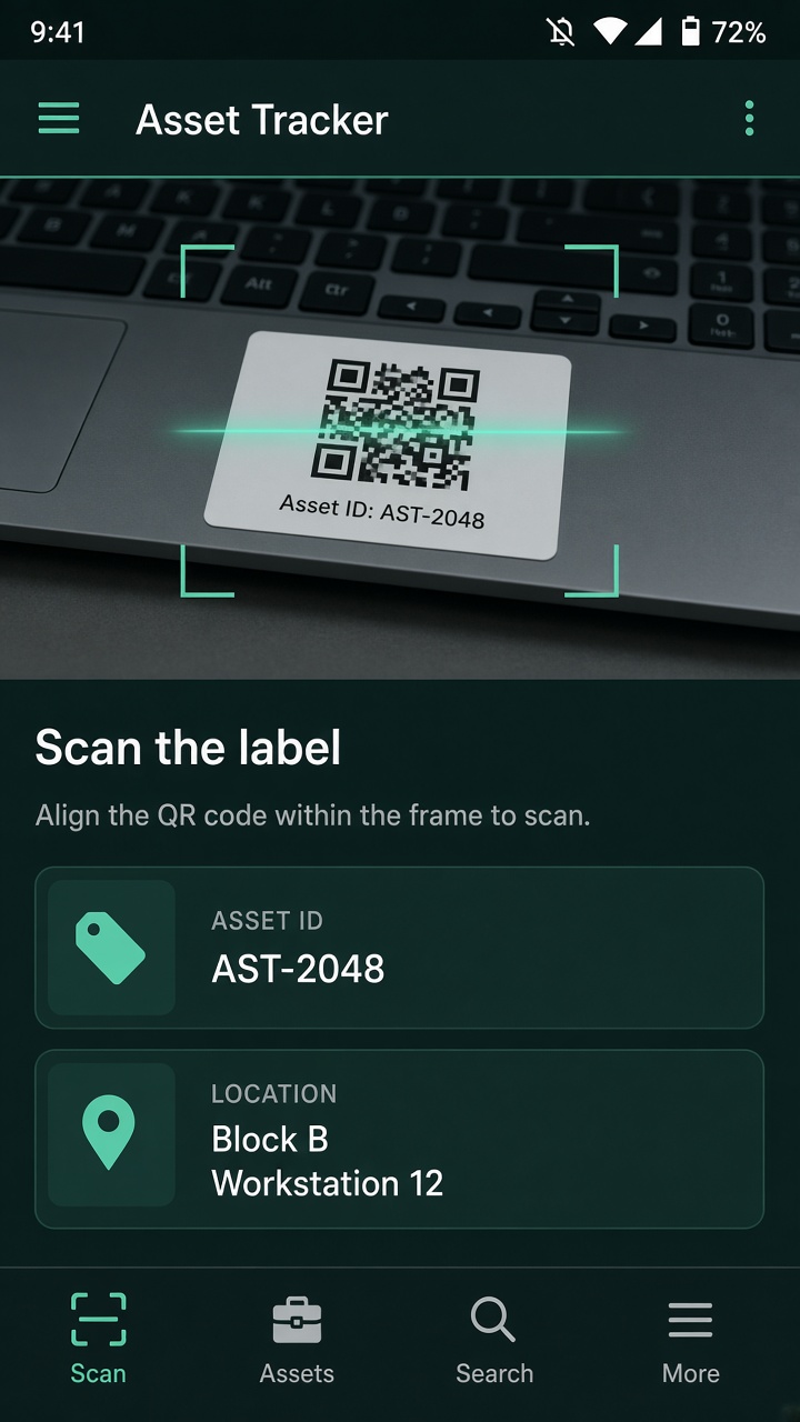 Asset Tracker Android app scanning a QR code on a laptop to identify AST-2048